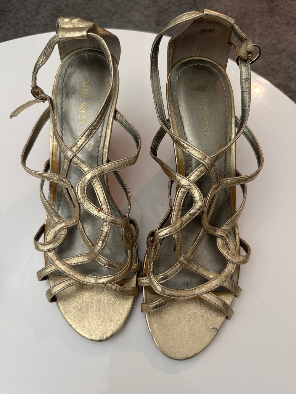Nine West Metallic Gold Strappy High Heels wedges
